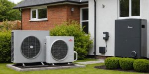 Warmtepomp buiten modern huis, CV-ketel in oud huis